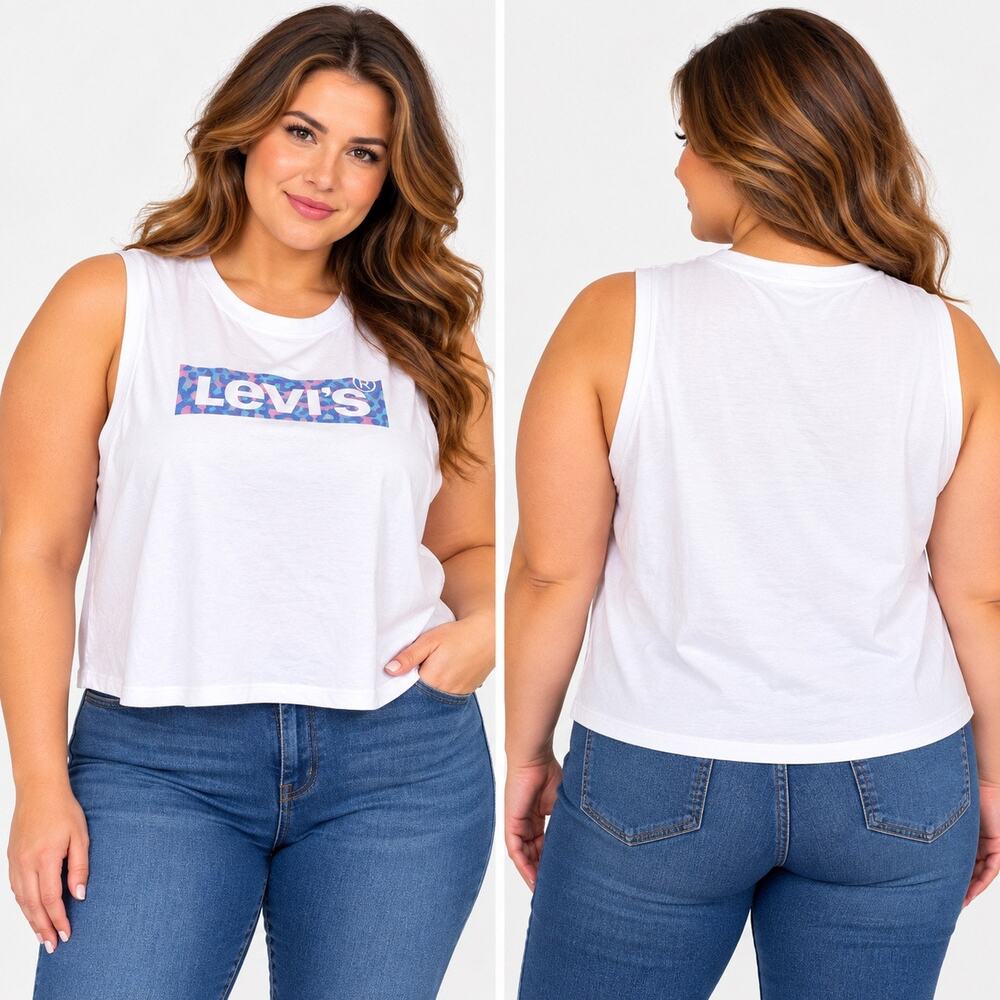 Levis Womens XXL White Logo Tank Top Sleeveless Athletic Crop Tee Plus Size NWT